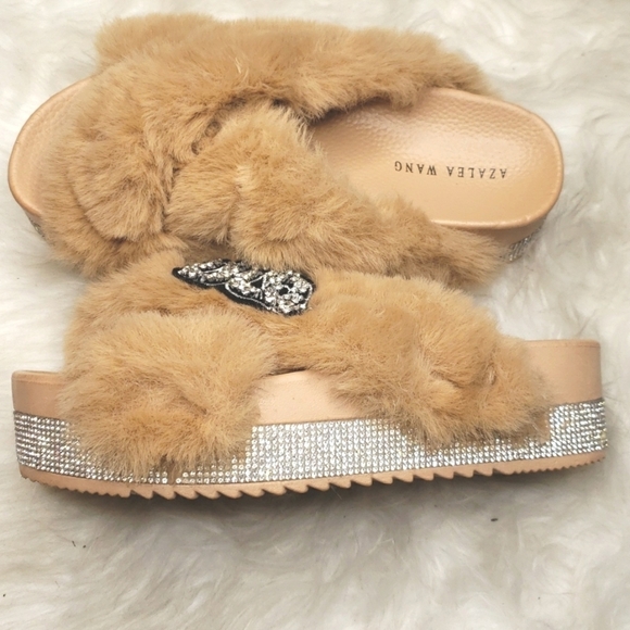 AZALEA WANG Sneaky Slippers faux fur snake rhinestone bling slides tan 7 - Picture 11 of 14